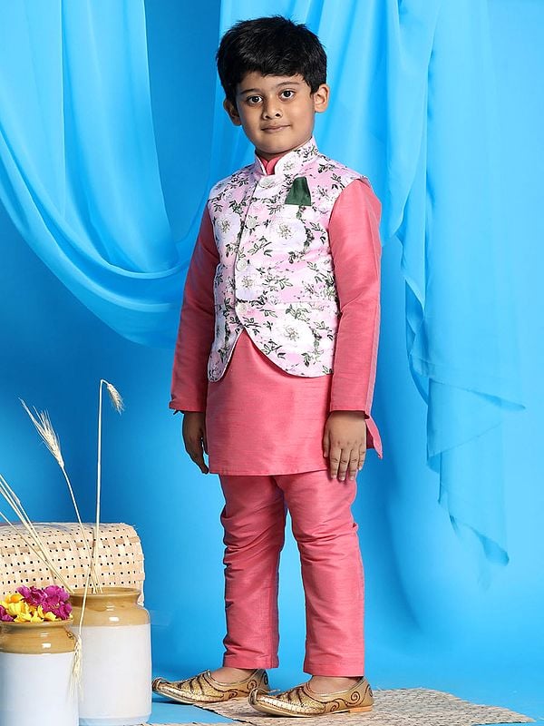 Exotic India Silk Blend Pink Kurta Pajama And Floral Printed Modi Jacket 