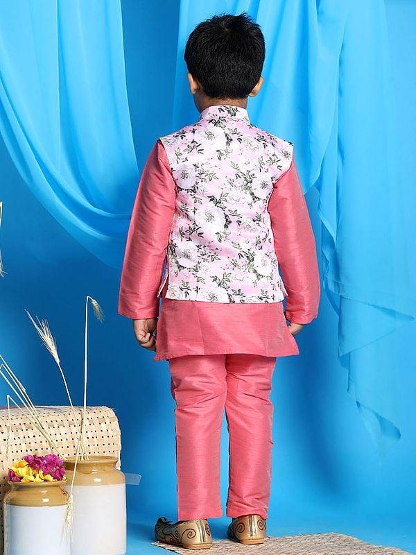 Exotic India Silk Blend Pink Kurta Pajama And Floral Printed Modi Jacket 