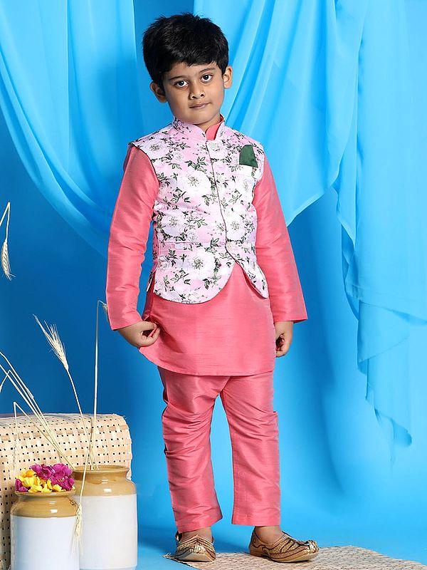 exotic india Silk Blend Pink Kurta Pajama And Floral Printed Modi Jacket 