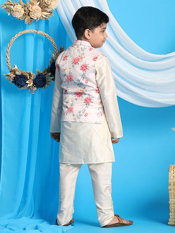 Exotic India Silk Blend Printed Peach Modi Jacket With Viscose Cream Kurta Pajama 