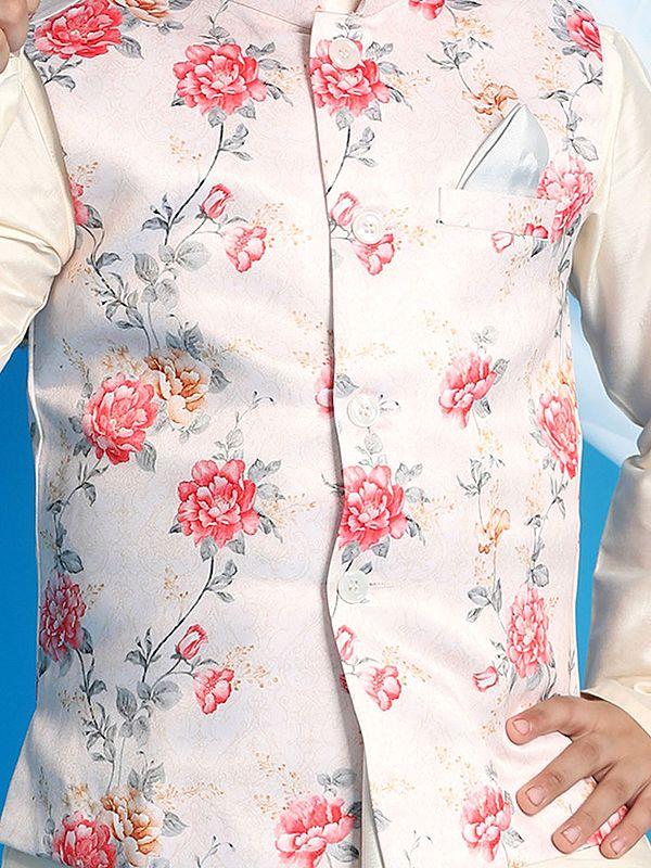 Exotic India Silk Blend Printed Peach Modi Jacket With Viscose Cream Kurta Pajama 