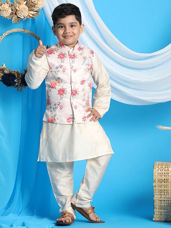 exotic india Silk Blend Printed Peach Modi Jacket With Viscose Cream Kurta Pajama 