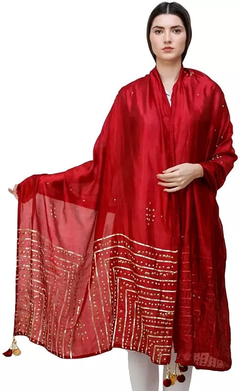 Exotic India Silk Dupatta From Amritsar With Gota Patti Floral Beads And Velvet Tassels On Edges 