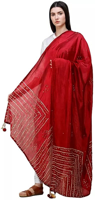 Exotic India Silk Dupatta From Amritsar With Gota Patti Floral Beads And Velvet Tassels On Edges 