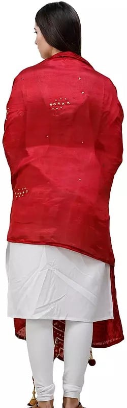 Exotic India Silk Dupatta From Amritsar With Gota Patti Floral Beads And Velvet Tassels On Edges 