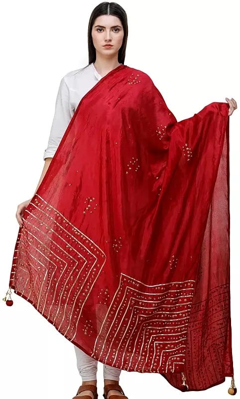 exotic india Silk Dupatta From Amritsar with Gota Patti Floral Beads and Velvet Tassels on Edges 