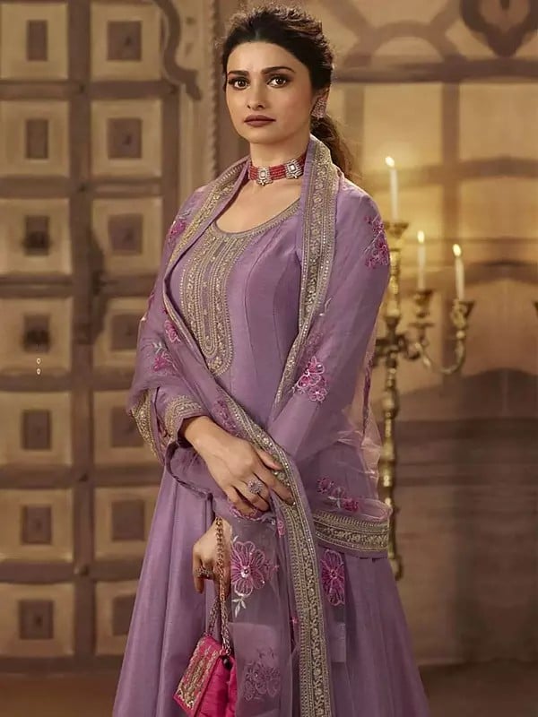 Exotic India Silk Elegant Sequins And Embroidery Work Anarkali Gown With Floral Tassels Dupatta