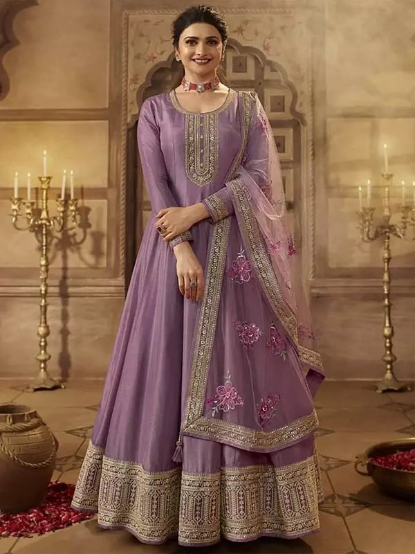 exotic india Silk Elegant Sequins And Embroidery Work Anarkali Gown With Floral Tassels Dupatta 