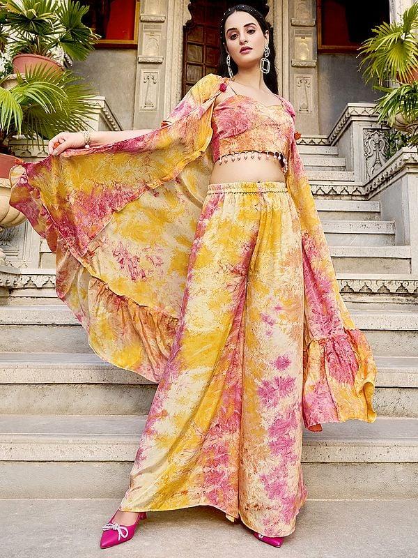 Exotic India Silk Printed Koti Style Co-Ords Indo-Western Suit 