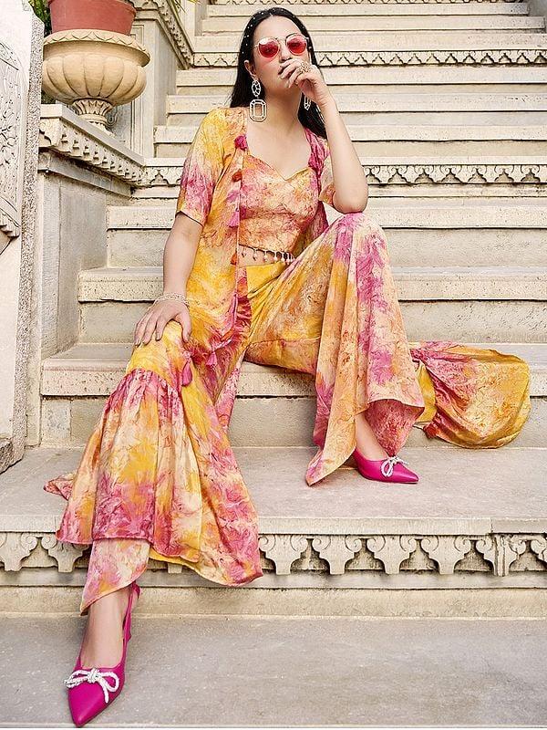 Exotic India Silk Printed Koti Style Co-Ords Indo-Western Suit 