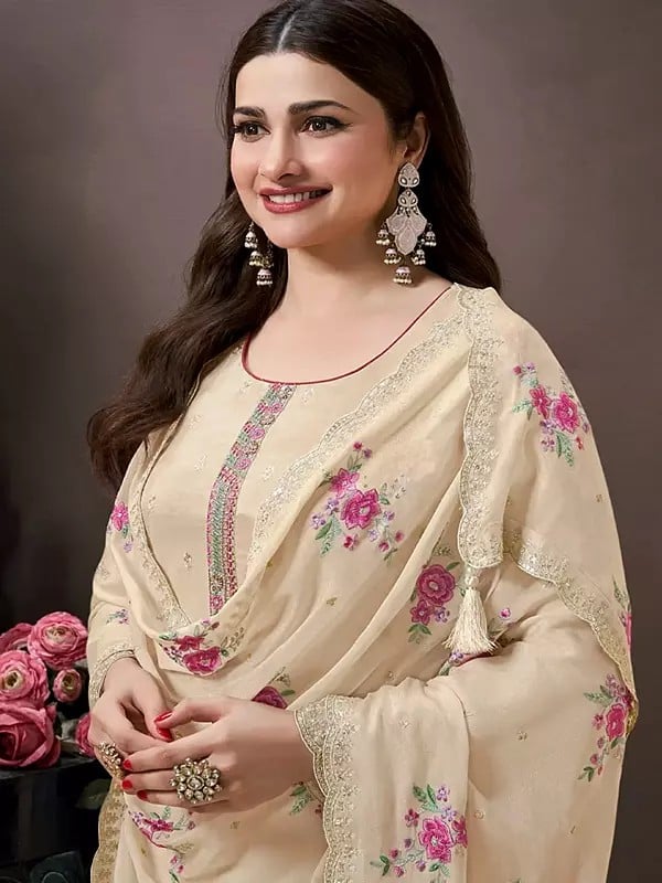Exotic India Silk Stunning Sequins And Thread Embroidery Work Salwar Suit With Floral Dupatta 