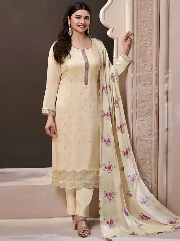 exotic india Silk Stunning Sequins And Thread Embroidery Work Salwar Suit With Floral Dupatta 