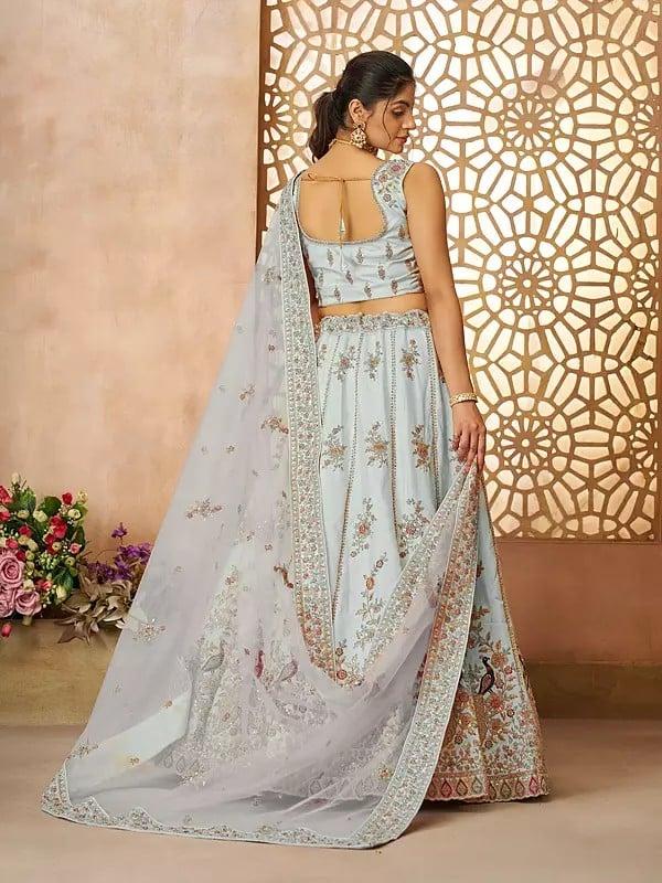 Exotic India Silk Thread Embroidery And Sequins Zari Work Peacock Motifs Lehenga Choli With Net Dupatta 