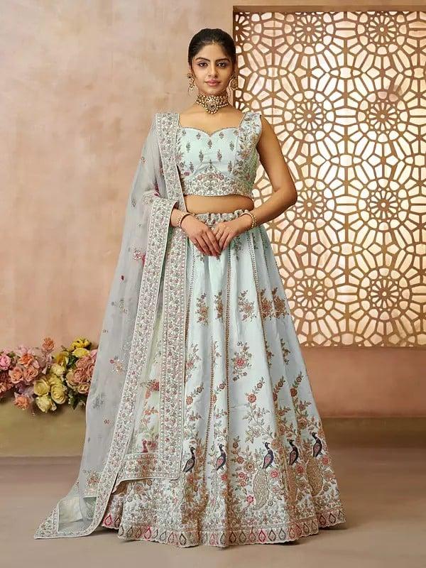 exotic india Silk Thread Embroidery And Sequins Zari Work Peacock Motifs Lehenga Choli With Net Dupatta