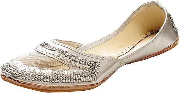 Exotic India Silver-Color Mojaris With Net Sequins And Beadwork 