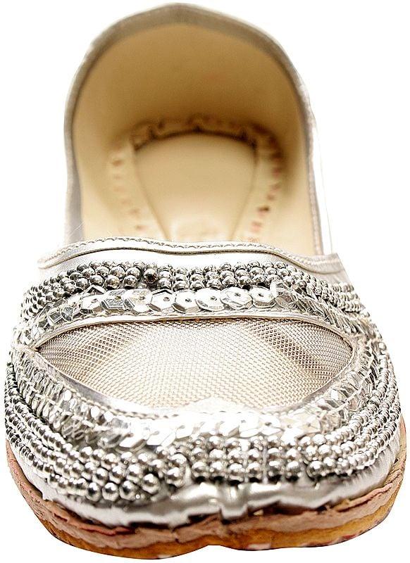Exotic India Silver-Color Mojaris With Net Sequins And Beadwork 