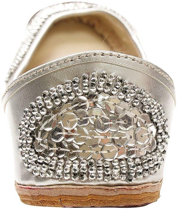 Exotic India Silver-Color Mojaris With Net Sequins And Beadwork 