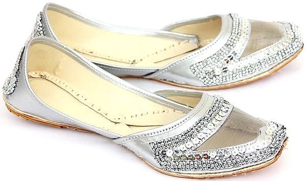 exotic india Silver-Color Mojaris with Net Sequins and Beadwork 