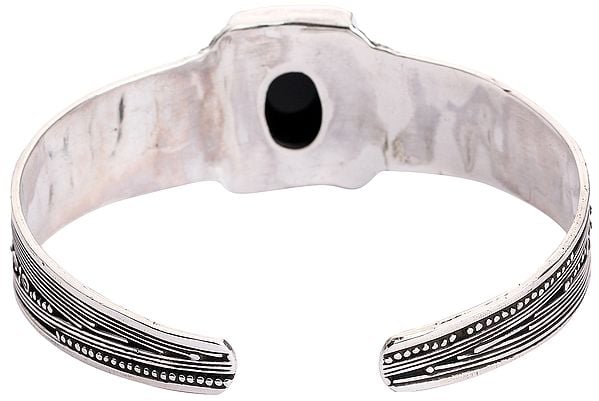 Exotic India Silver Cuff Bracelet With Black Onyx (Adjustable Size) 