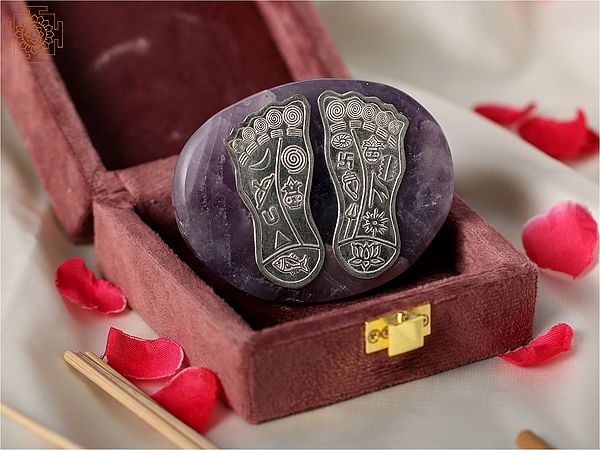 exotic india Silver Lakshmi Charan Paduka on Amethyst Base 