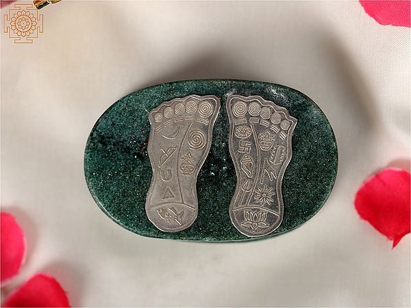 Exotic India Silver Lakshmi Charan Paduka On Green Goldstone Base 
