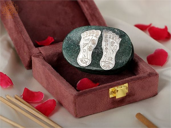 exotic india Silver Lakshmi Charan Paduka on Green Goldstone Base 