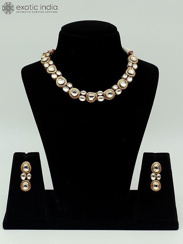 exotic india Single Layer Stunning Necklace Set With Beautiful Earrings And Kundan Stone 