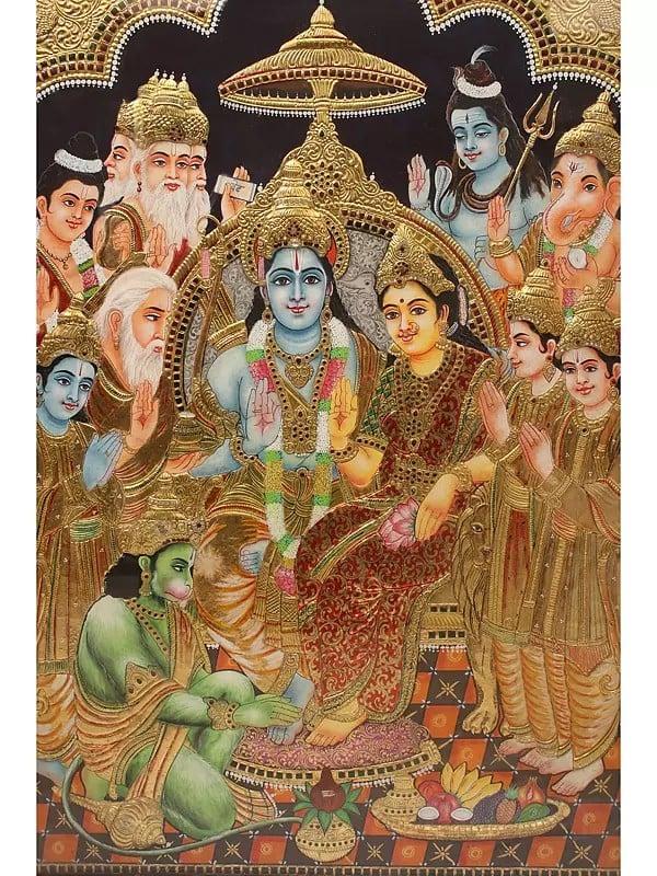 Exotic India Sita Ram Pattabhishekam | Traditional Colors With 24 Karat Gold | With Frame