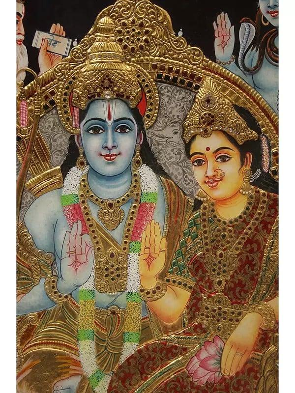 Exotic India Sita Ram Pattabhishekam | Traditional Colors With 24 Karat Gold | With Frame
