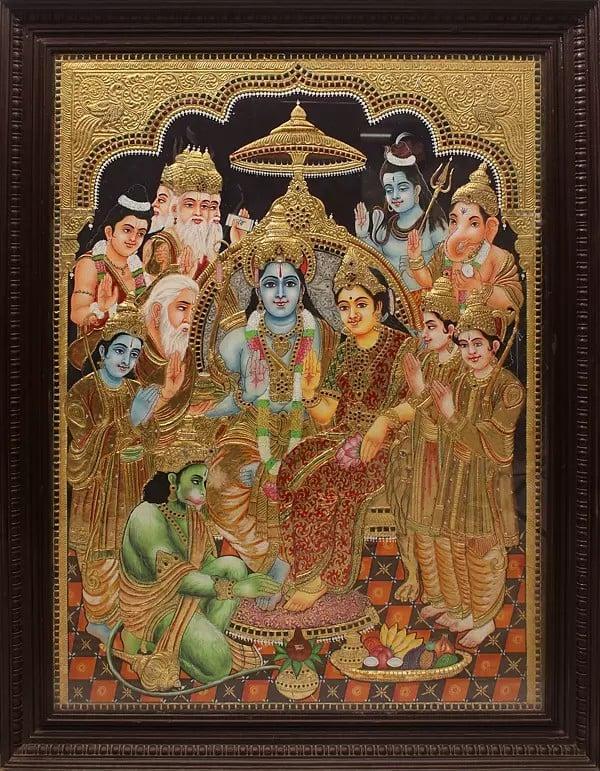 exotic india Sita Ram Pattabhishekam | Traditional Colors with 24 Karat Gold | With Frame 