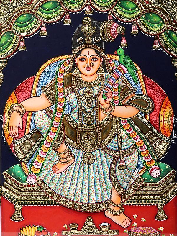 Exotic India Sitting Goddess Andal | Tanjore Painting With Frame 