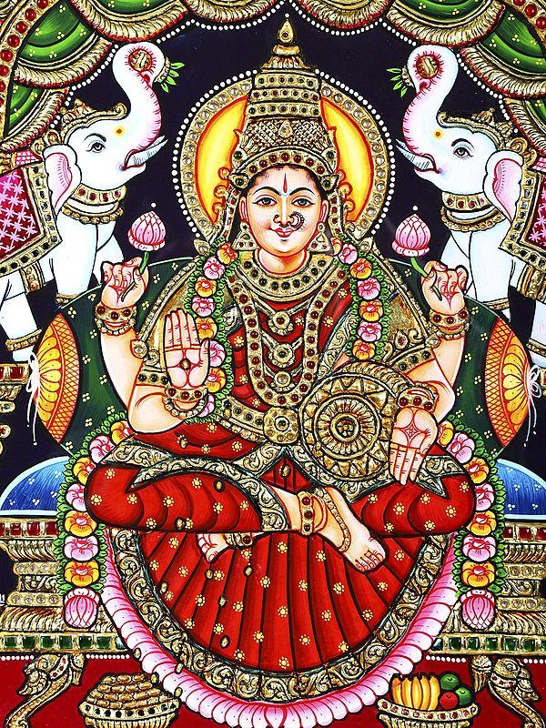 Exotic India Sitting Goddess Gajalakshmi | 24 Karat Gold Work | Framed Tanjore Painting