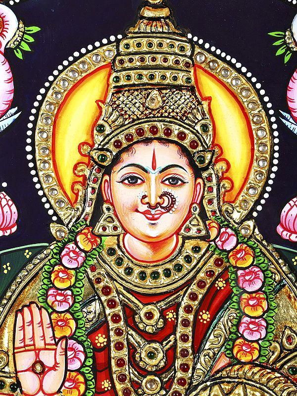Exotic India Sitting Goddess Gajalakshmi | 24 Karat Gold Work | Framed Tanjore Painting