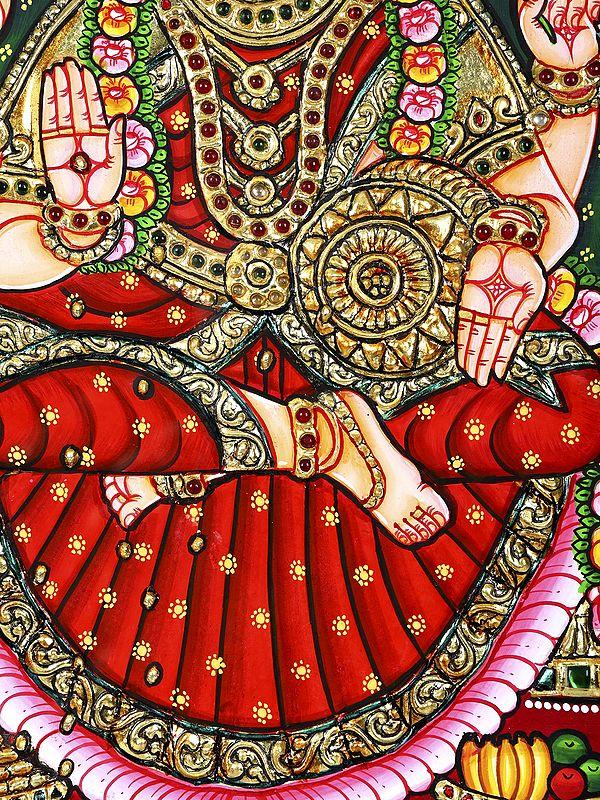 Exotic India Sitting Goddess Gajalakshmi | 24 Karat Gold Work | Framed Tanjore Painting