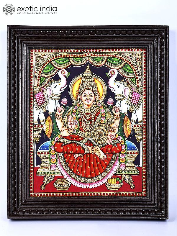 exotic india Sitting Goddess Gajalakshmi | 24 Karat Gold Work | Framed Tanjore Painting 
