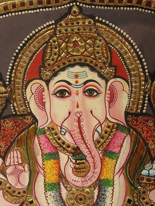 Exotic India Sitting Lord Ganapati Tanjore Painting | With Frame