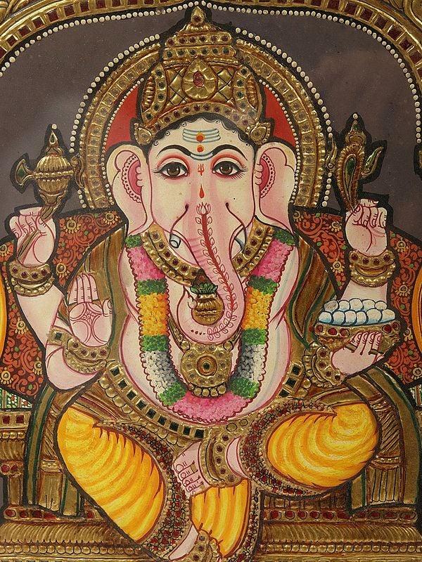 Exotic India Sitting Lord Ganapati Tanjore Painting | With Frame