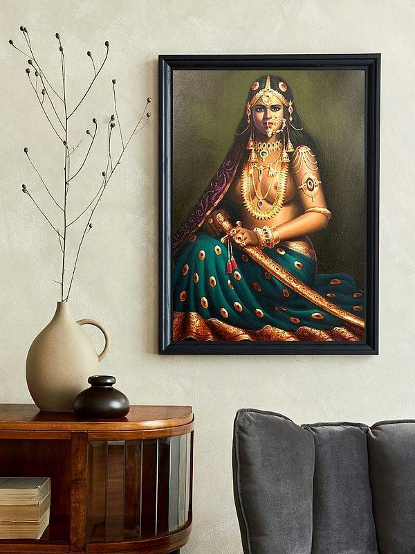 Exotic India Sitting Sword Lady Oil Painting On Canvas | Without Frame 