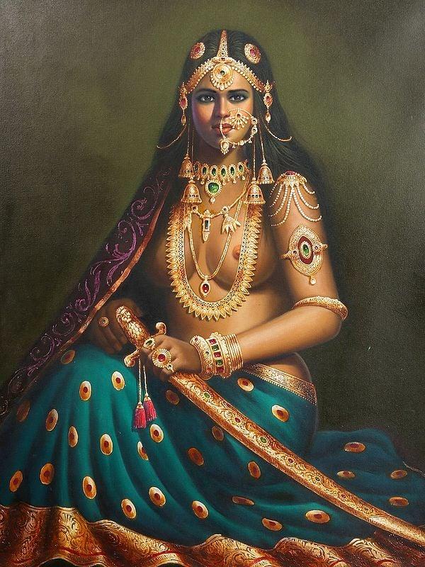 Exotic India Sitting Sword Lady Oil Painting On Canvas | Without Frame 