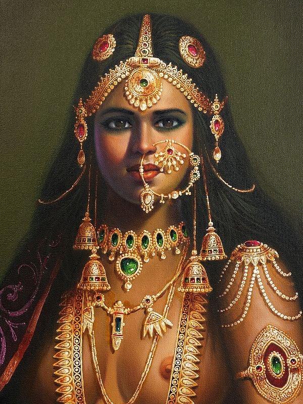 Exotic India Sitting Sword Lady Oil Painting On Canvas | Without Frame 