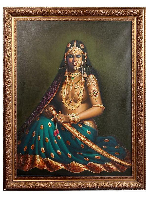 exotic india Sitting Sword Lady Oil Painting on Canvas | Without Frame 