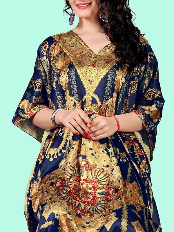 Exotic India Skipper-Blue Printed Satin Long Kaftan With Studded Stones 