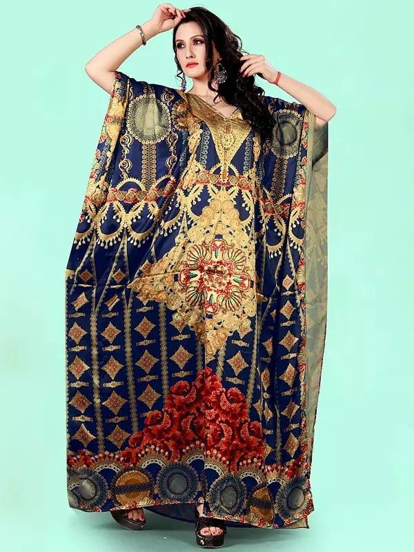 Exotic India Skipper-Blue Printed Satin Long Kaftan With Studded Stones 