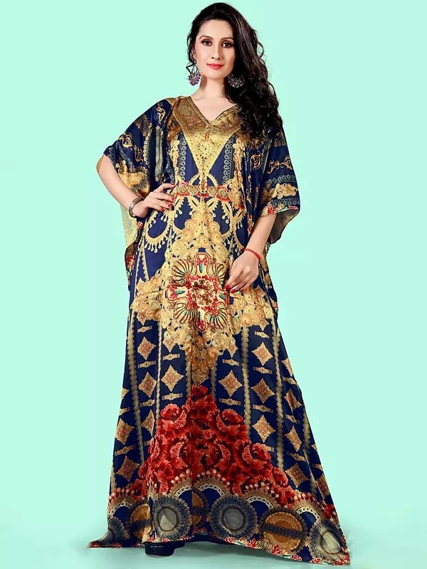 exotic india Skipper-Blue Printed Satin Long Kaftan with Studded Stones 