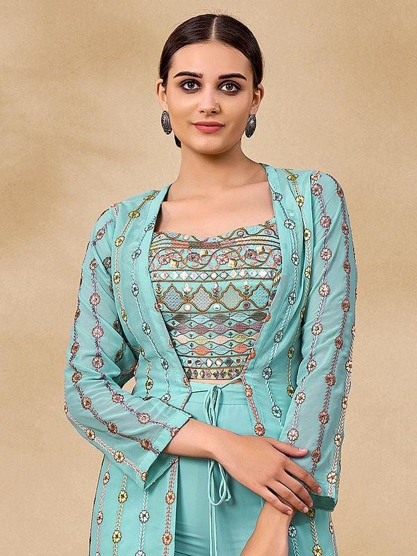 Exotic India Sky-Blue Georgette Sharara Set With Floral Resham-Zari-Mirror-Sequin Work On Jacket And Blouse