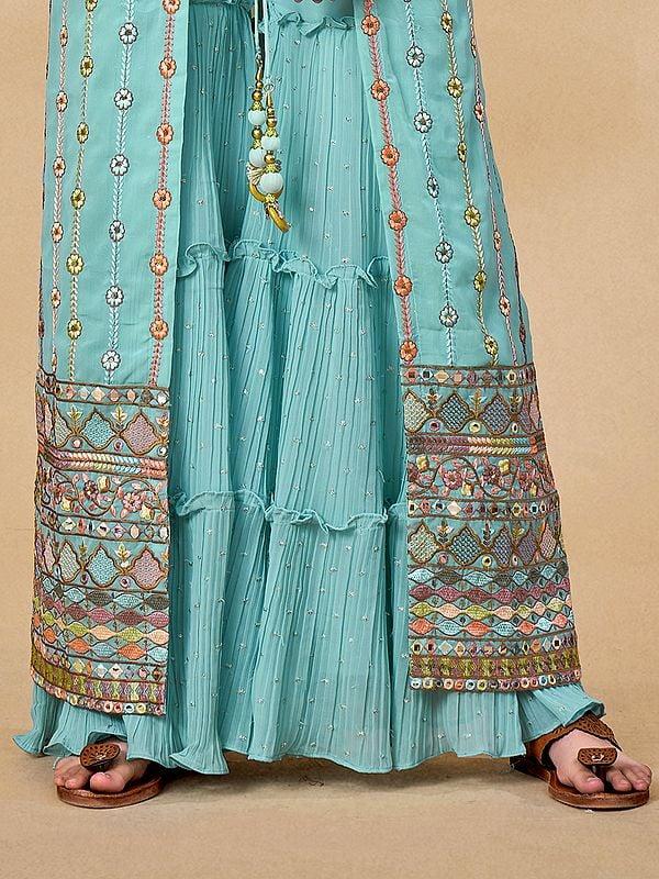 Exotic India Sky-Blue Georgette Sharara Set With Floral Resham-Zari-Mirror-Sequin Work On Jacket And Blouse