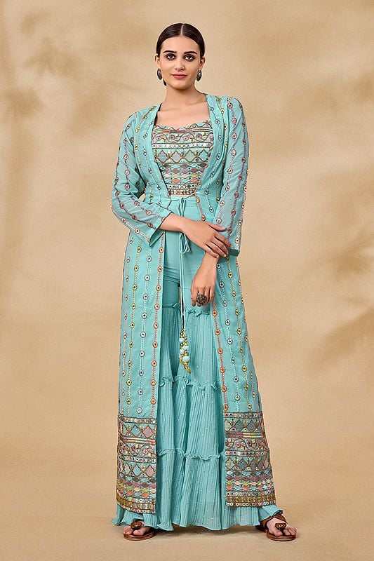 exotic india Sky-Blue Georgette Sharara Set with Floral Resham-Zari-Mirror-Sequin Work on Jacket and Blouse 