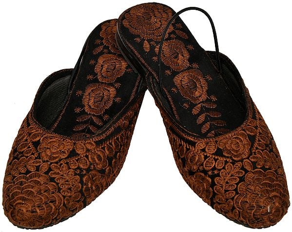 exotic india Slip-on Sandals from Kashmir with Aari Floral-Embroidery
