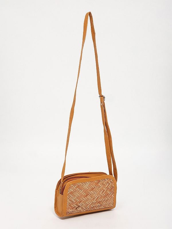 Exotic India Small Dual Zipper Bamboo Sling Bag With Adjustable Strap