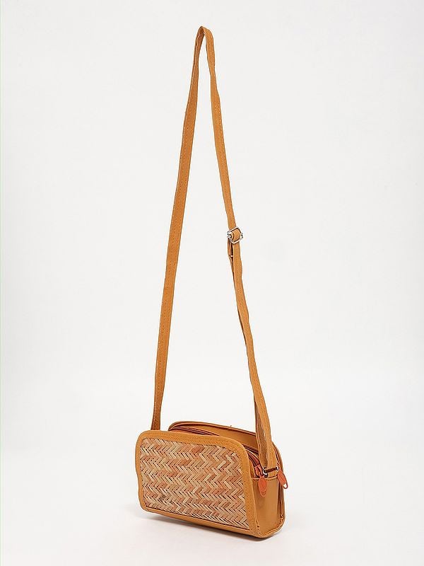 Exotic India Small Dual Zipper Bamboo Sling Bag With Adjustable Strap